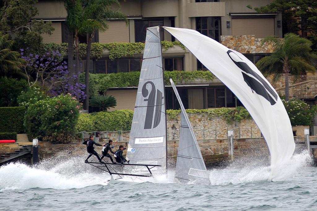 Thurlow Fisher was in the lead, but - 18ft Skiffs - NSW State Title - Race 1, October 30, 2016  © Frank Quealey /Australian 18 Footers League http://www.18footers.com.au